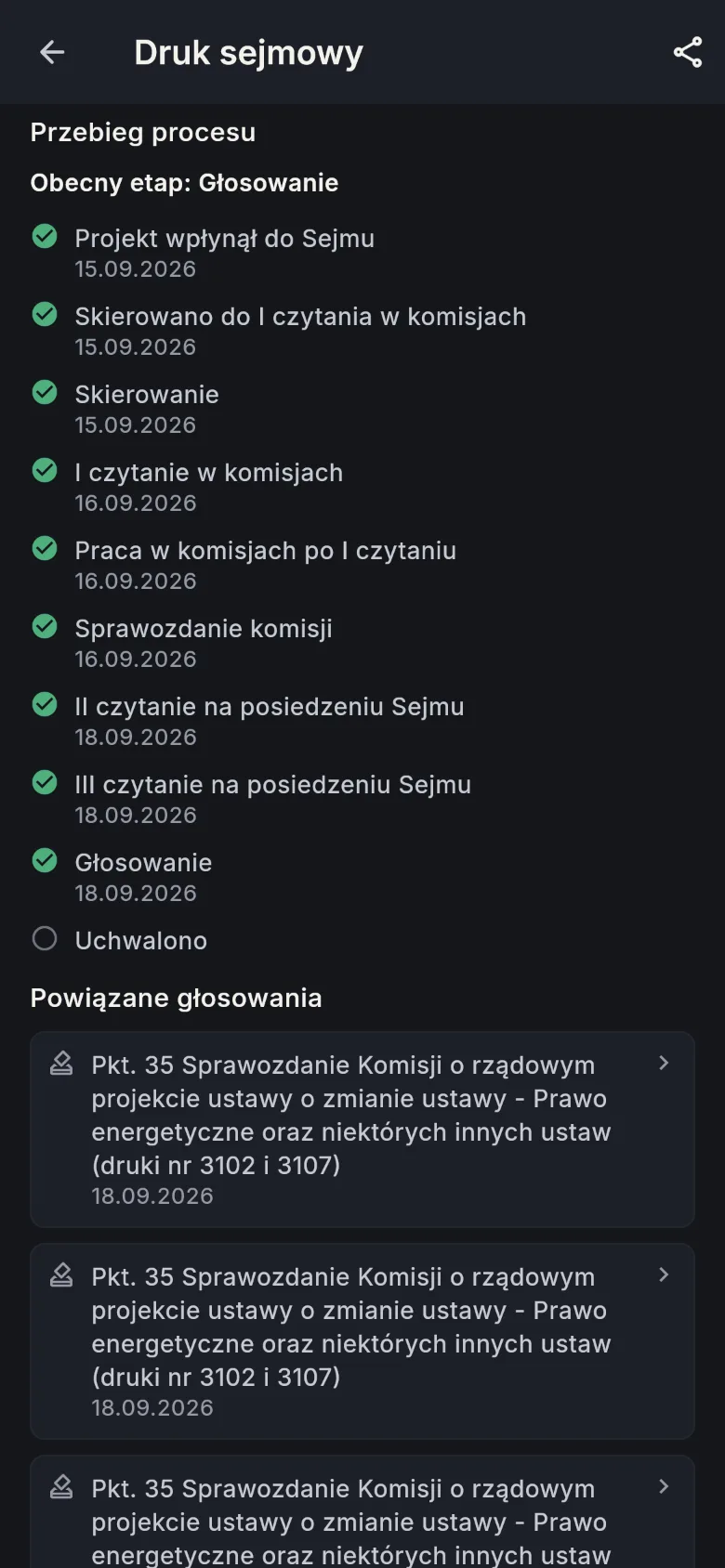 Ekran aplikacji: ścieżka ustawy od druku do Dziennika Ustaw