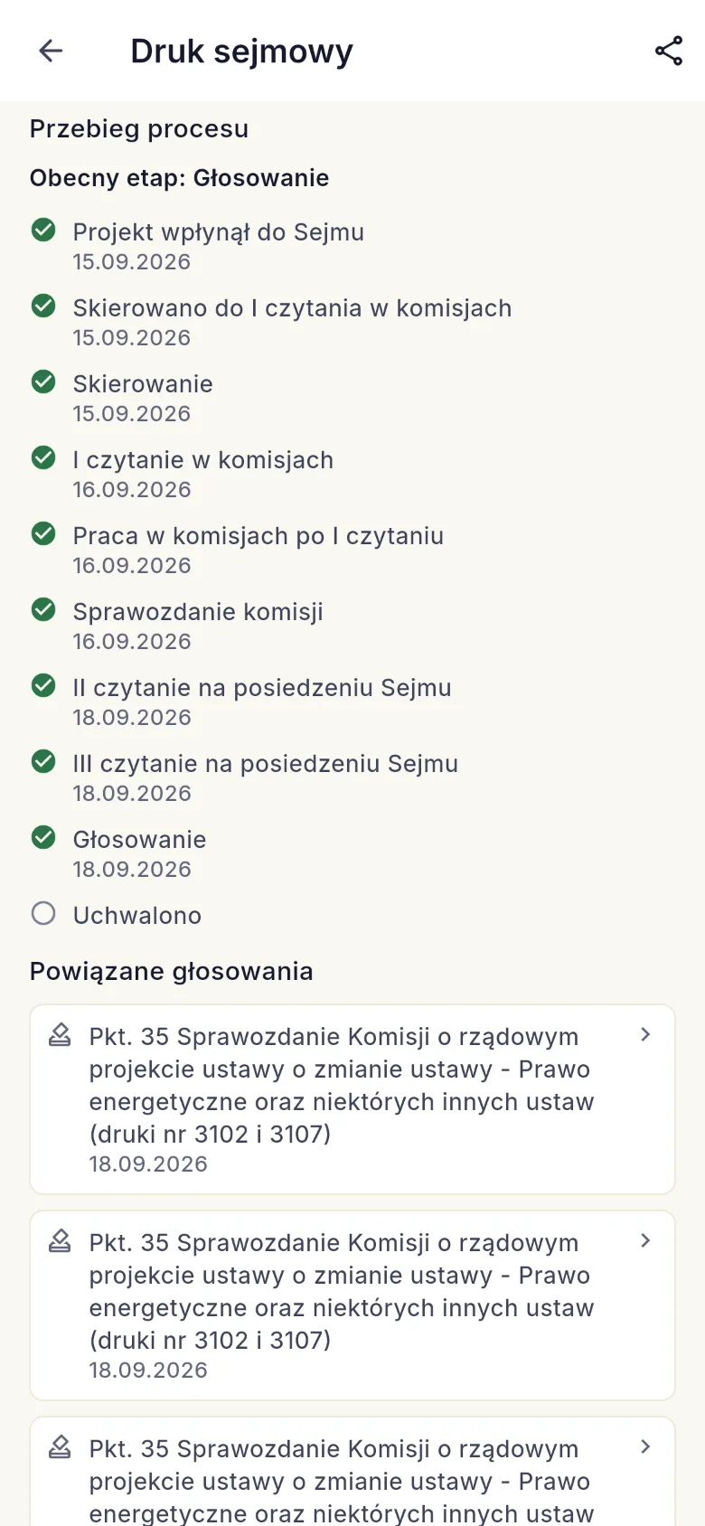 Ekran aplikacji: ścieżka ustawy od druku do Dziennika Ustaw