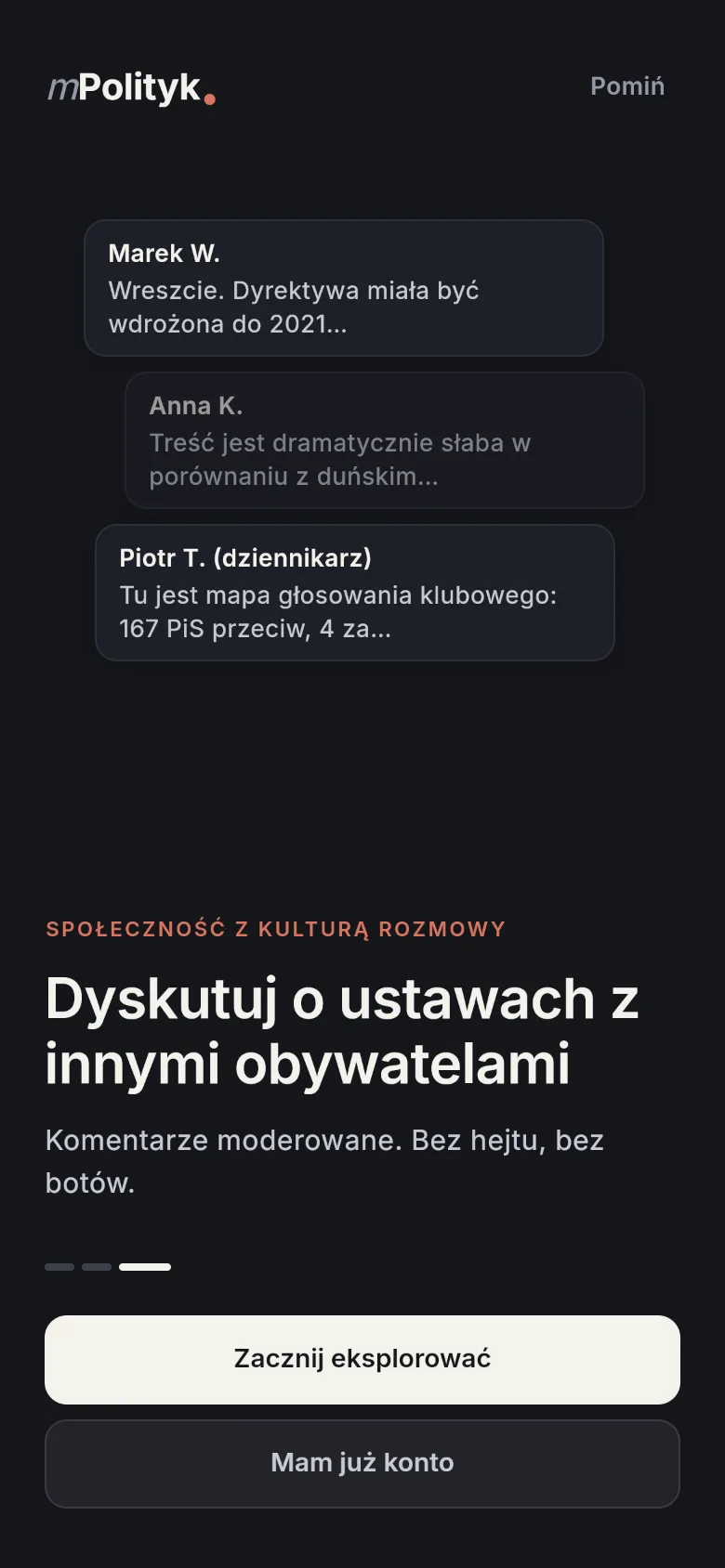 Ekran aplikacji: dyskusja o ustawach z moderowanymi komentarzami