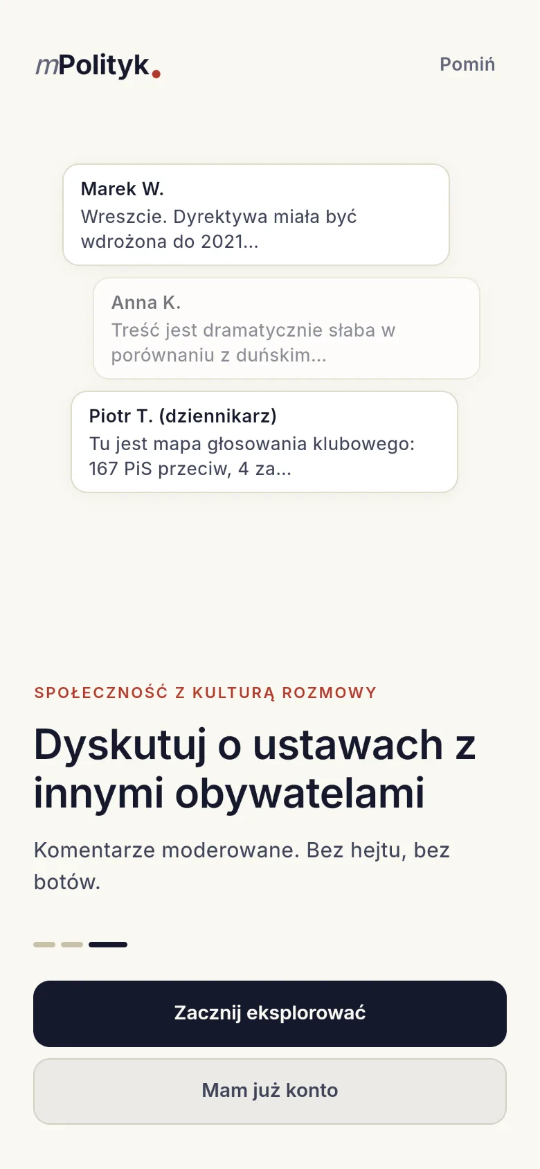 Ekran aplikacji: dyskusja o ustawach z moderowanymi komentarzami