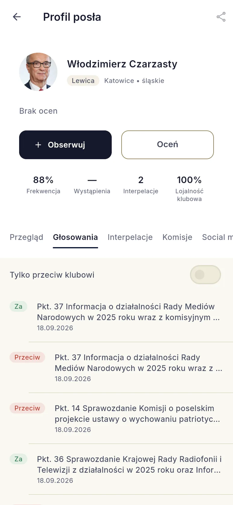 Ekran aplikacji: karta posła ze statystykami i historią głosowań