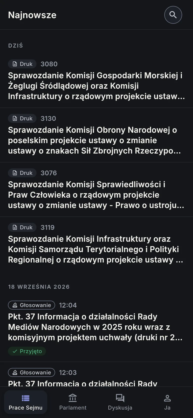 Ekran aplikacji: kanał Prace Sejmu z najnowszymi drukami i głosowaniami