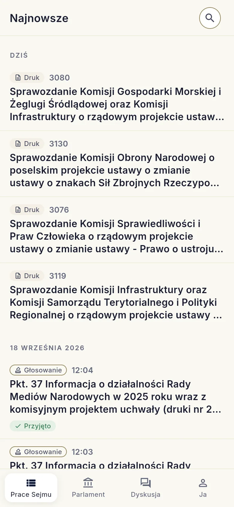Ekran aplikacji: kanał Prace Sejmu z najnowszymi drukami i głosowaniami